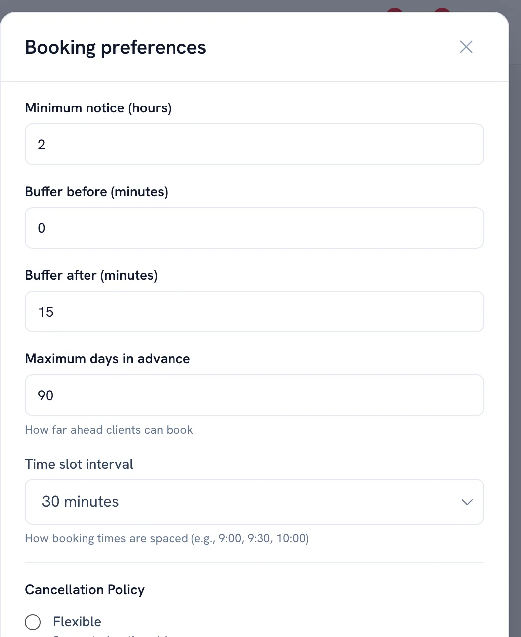 The Booking preferences panel with the buffer fields