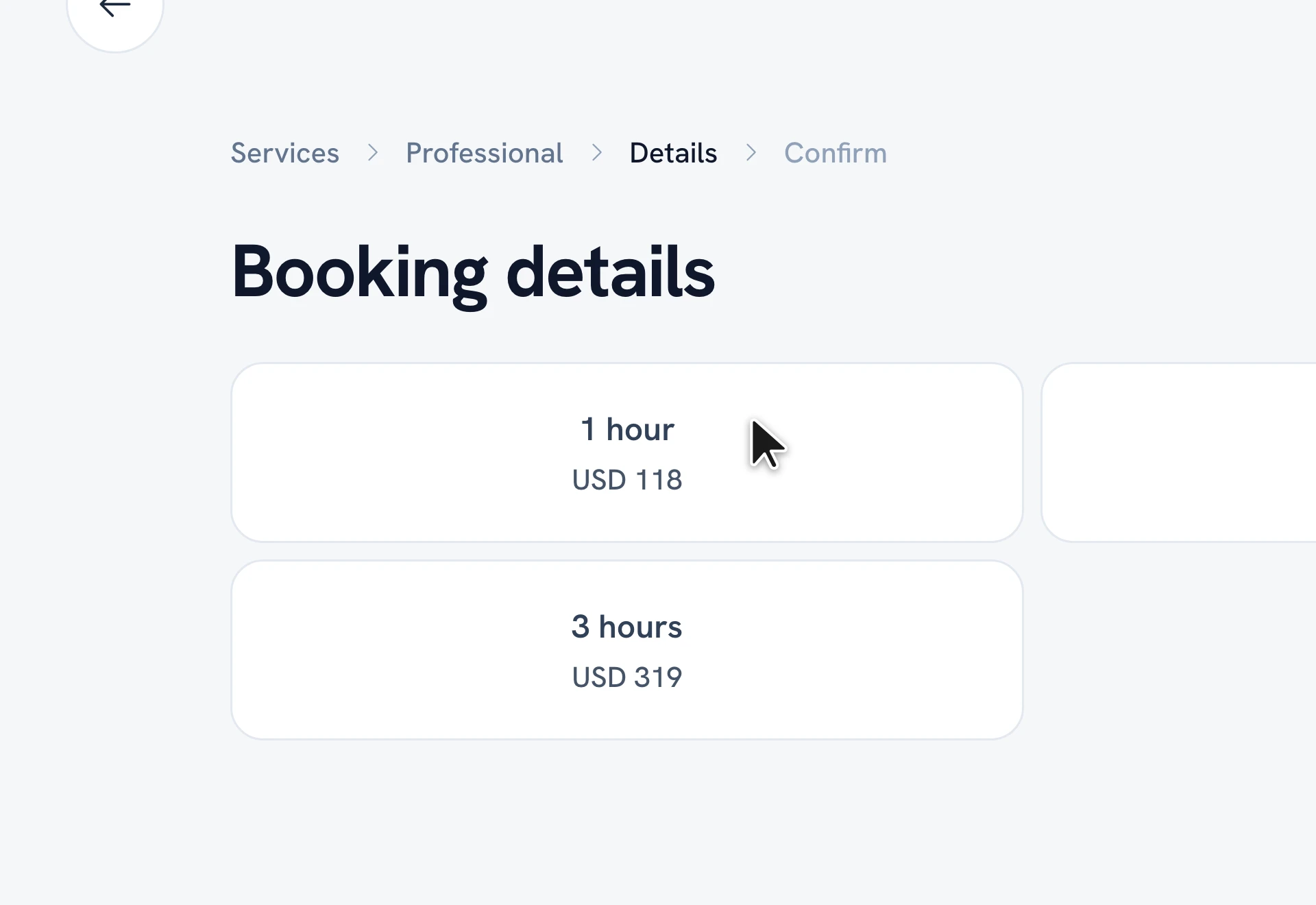 The Booking details step with location and duration/price options