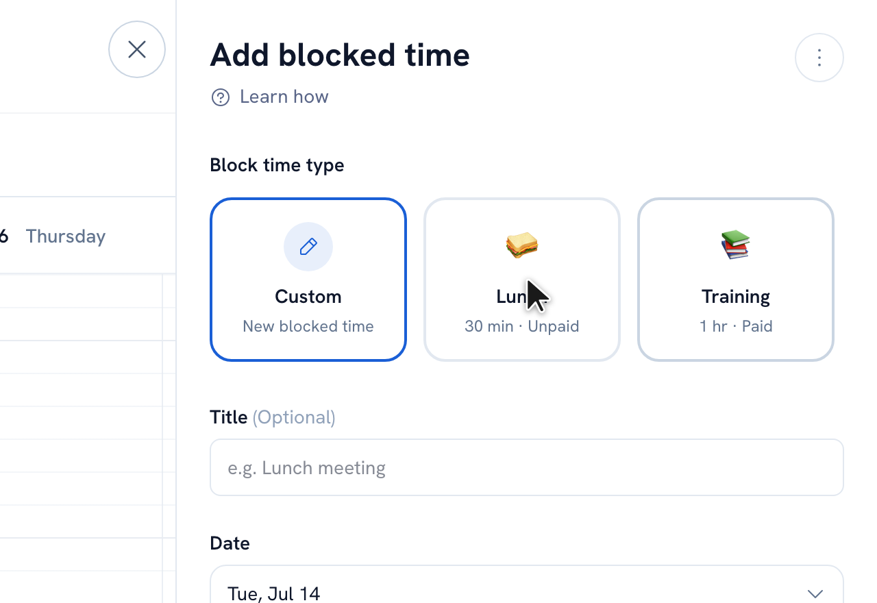 The blocked time form with type, date, and time fields