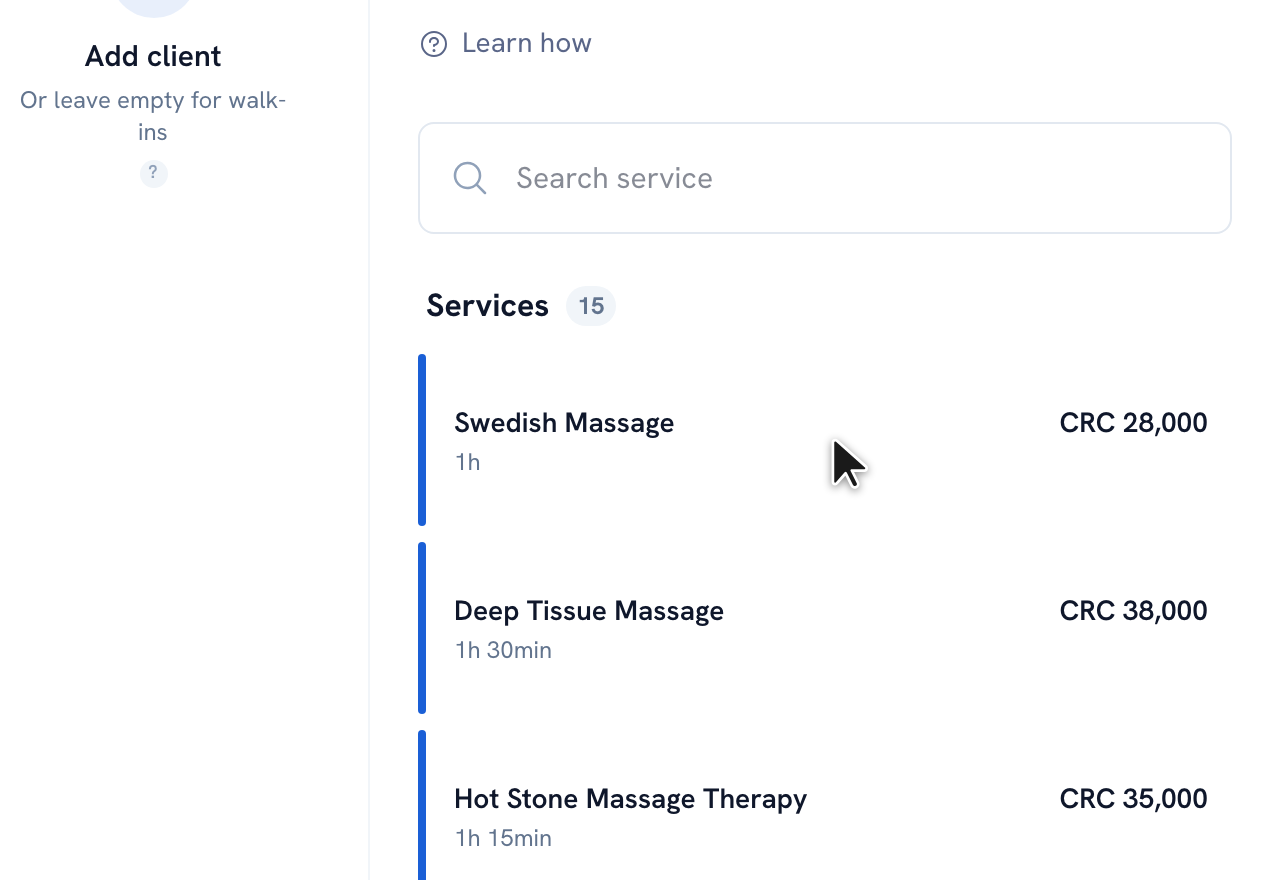 The service selection step of the appointment wizard