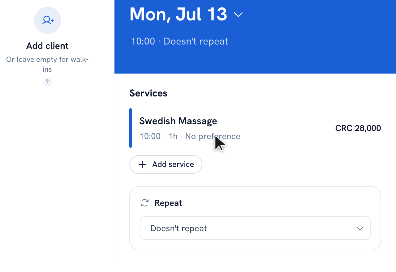 The service line in the summary showing the assigned team member and Add service