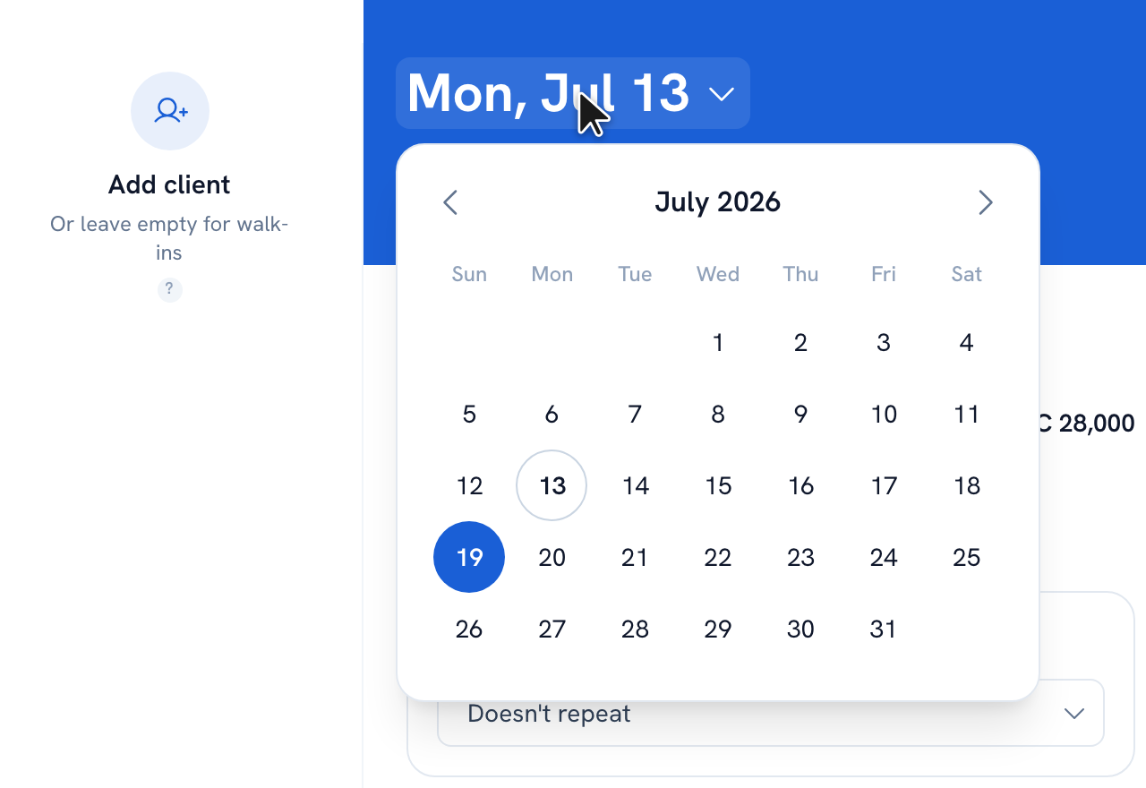 The appointment date and time with the month picker open