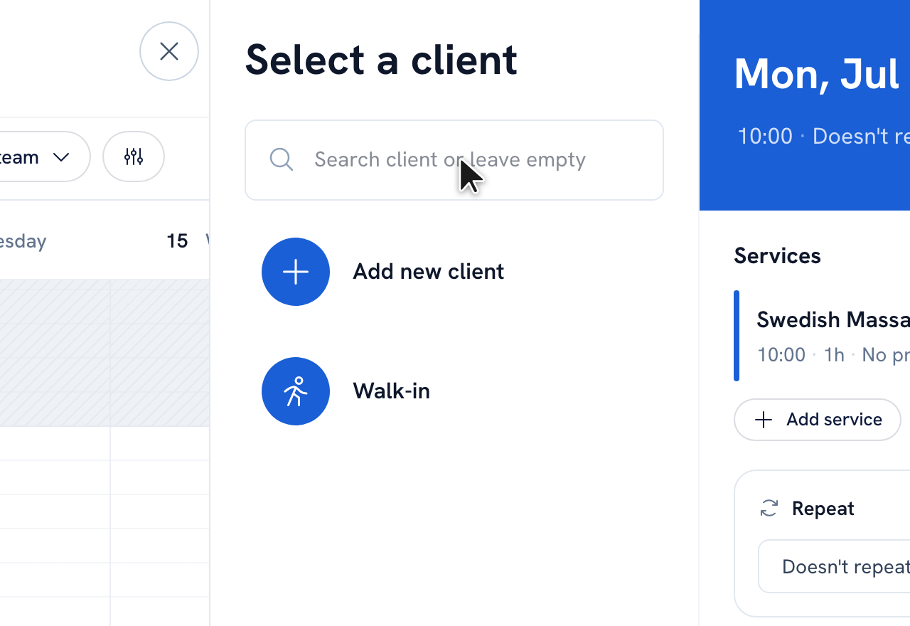 The client picker panel in the appointment wizard