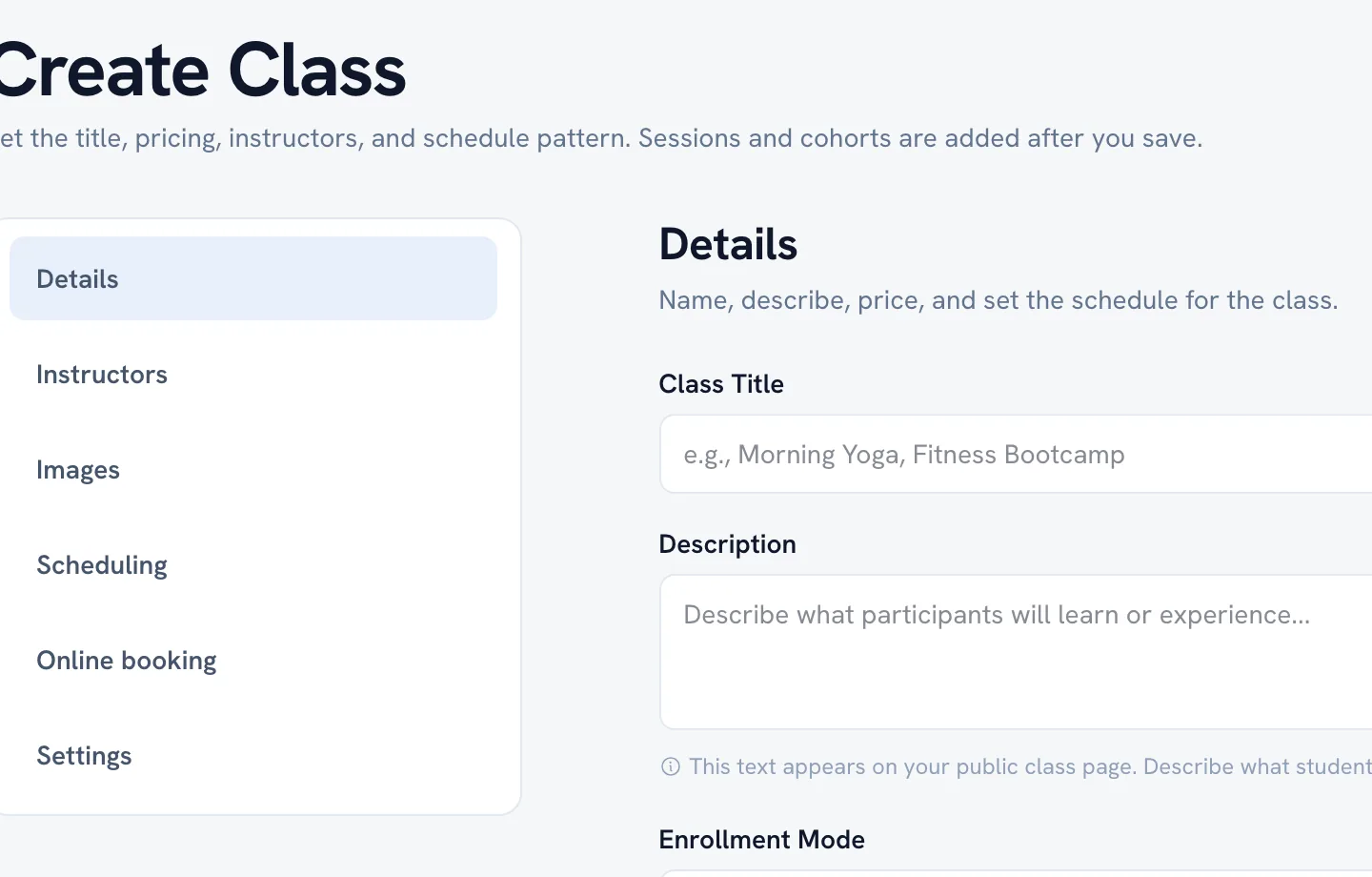 The Details section of a new class