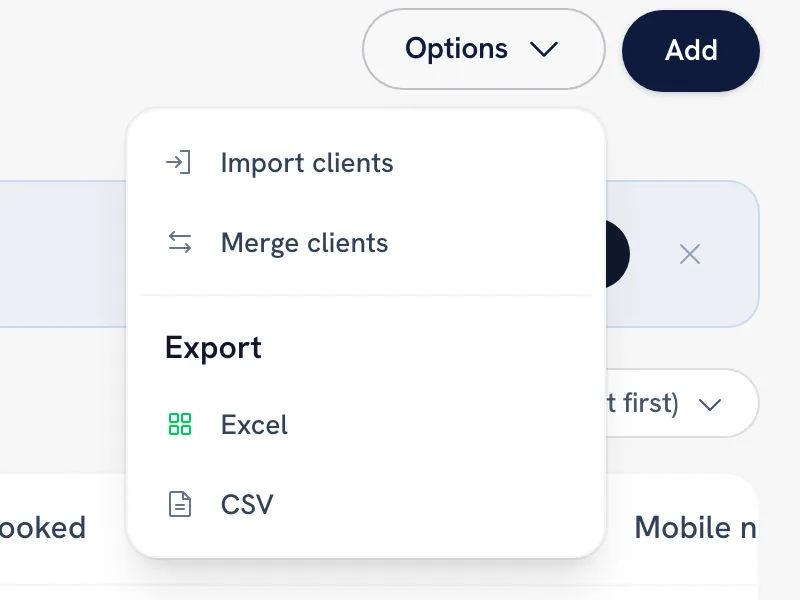 The Options menu with Import clients