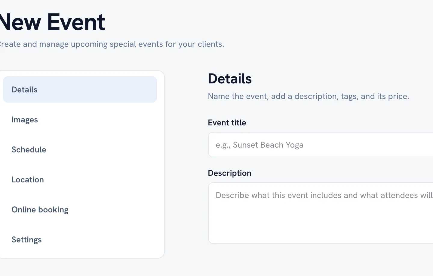 The Details section of a new event