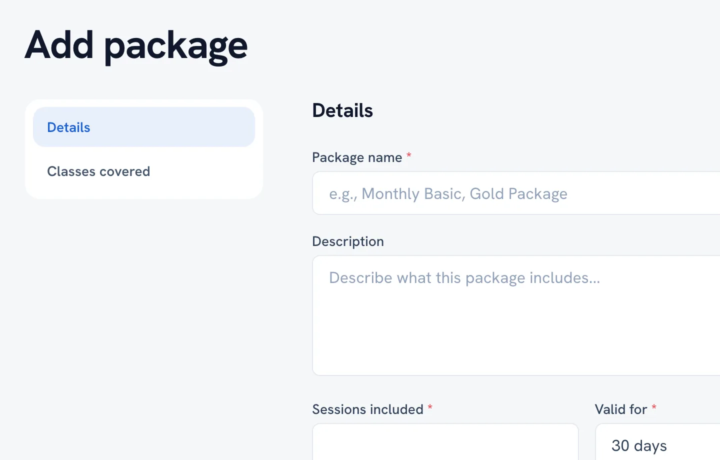The Add package form with name, sessions, validity and price