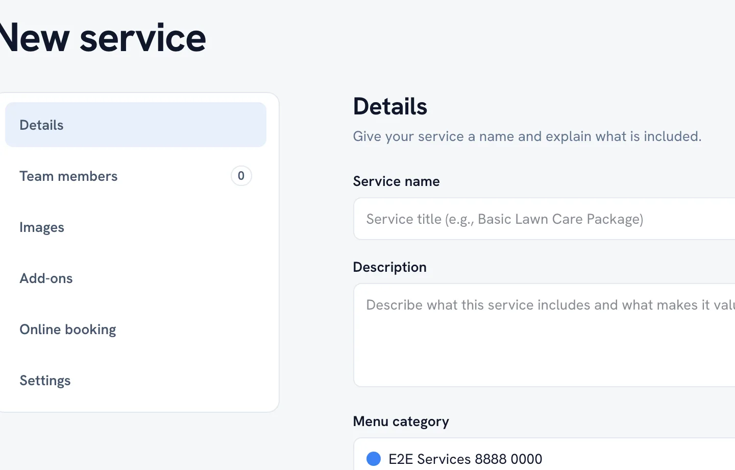 The Details section of a new service