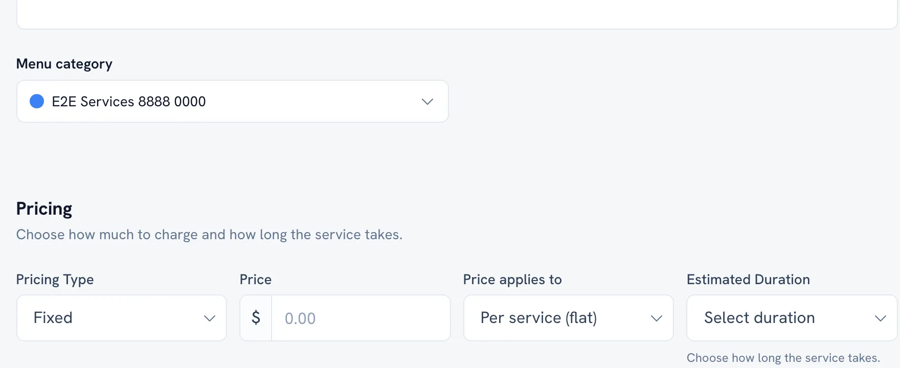 The Pricing section of a new service