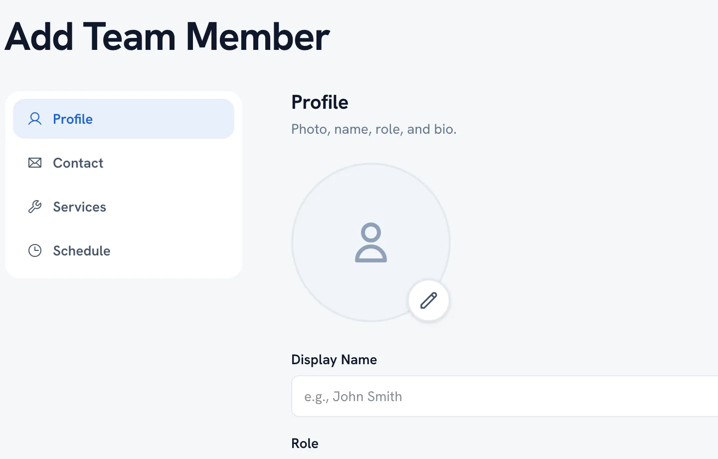 The Profile section of Add Team Member with Display Name and Job title